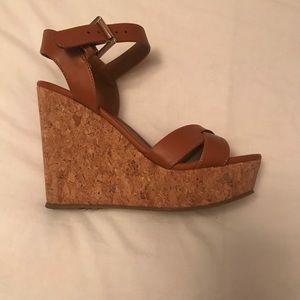 Brown leather strap cork wedges